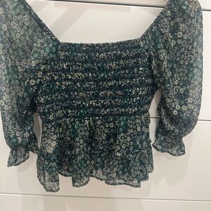 American Eagle Outfitters Dark Green Floral Smocked Peasant Blouse
